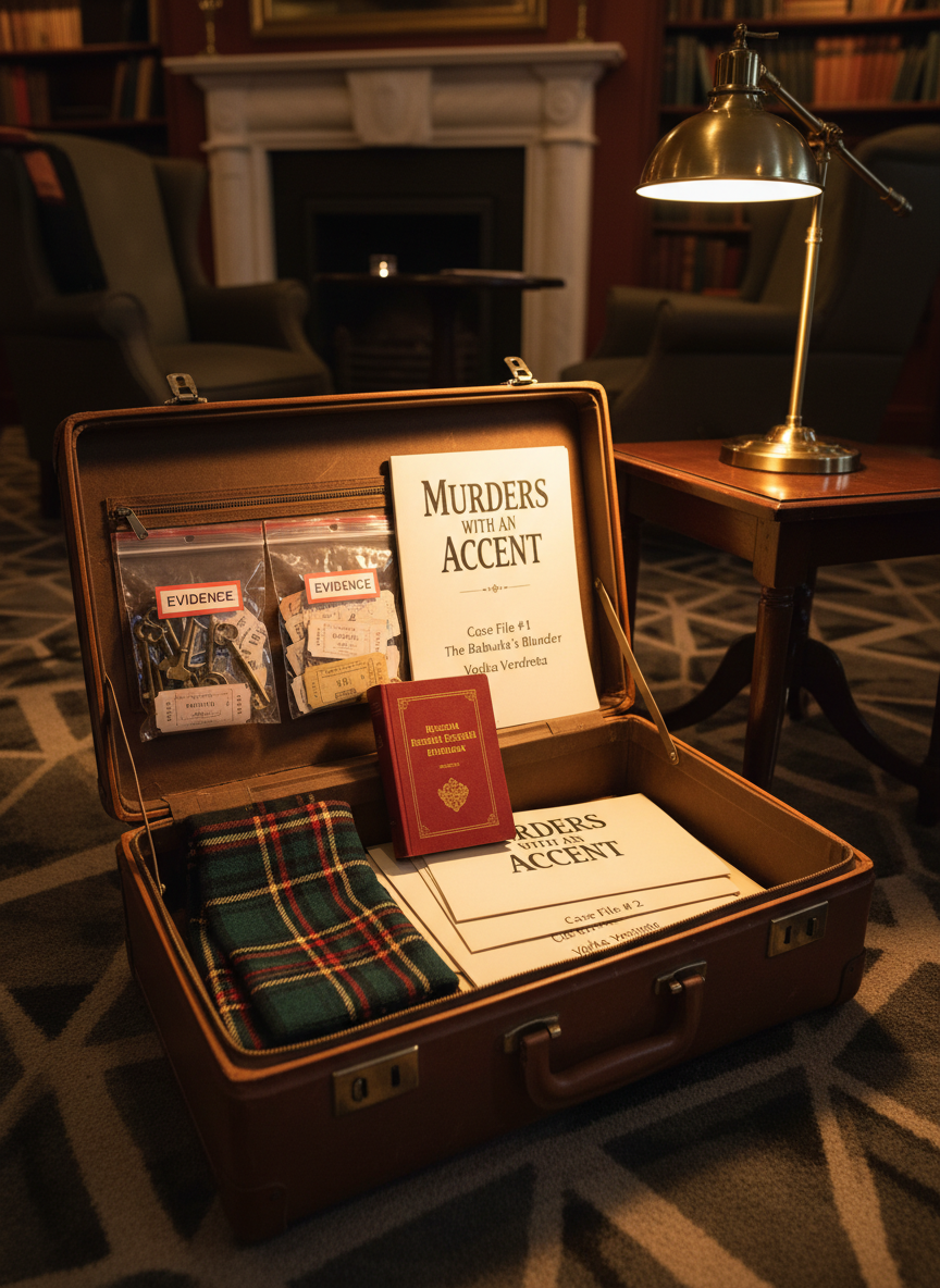 A meticulously arranged “evidence suitcase” lying open on a patterned carpet in a cozy club room. Inside the vintage brown leather case are carefully organized props: labeled evidence bags containing keys and ticket stubs, a tartan scarf folded neatly, a small Russian‑English dictionary, and a stack of story scripts titled “Murders with an Accent” with humorous case names on their covers. A brass desk lamp on a nearby table casts warm, directional light into the suitcase, highlighting textures of leather, paper fibers, and metal zippers. Photographed from a three‑quarter overhead angle with moderate depth of field, the mood is playful and inviting, suggesting a portable library of mysteries ready to be unpacked and enjoyed.