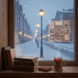 An atmospheric winter window scene in photographic realism, looking from inside a warm detective club out onto a softly snowing Petrozavodsk street. On the interior windowsill sit a stack of Russian detective novels, a small tartan‑covered journal, and a glass of hot tea in a decorative metal holder, its steam fogging the cold glass. In the blurry reflection on the pane, a corkboard filled with pinned clues and red thread is faintly visible, but no people. Evening streetlights outside create golden bokeh against the blue‑gray twilight. Gentle mixed lighting from interior lamps and the cool outdoor glow creates a cozy yet mysterious mood, balancing Russian atmosphere with a subtle Scottish accent.