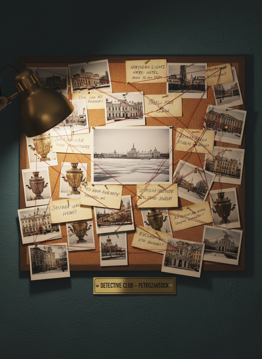 A richly detailed mystery case board mounted on a dark teal wall, completely free of any human figures. Red string connects pinned Polaroids of Russian cityscapes, close‑ups of samovars, snow‑covered courtyards, and cryptic handwritten notes in Cyrillic and English. A small brass nameplate at the bottom reads “Detective Club – Petrozavodsk.” A vintage desk lamp just out of frame casts dramatic side lighting, creating sharp yet playful shadows and glints on metal pushpins. The composition is centered on one key photograph of a riverside embankment, with shallow depth of field softly blurring the outer edges of the board. Photographic realism and a slightly cinematic mood suggest a lighthearted whodunnit in progress.