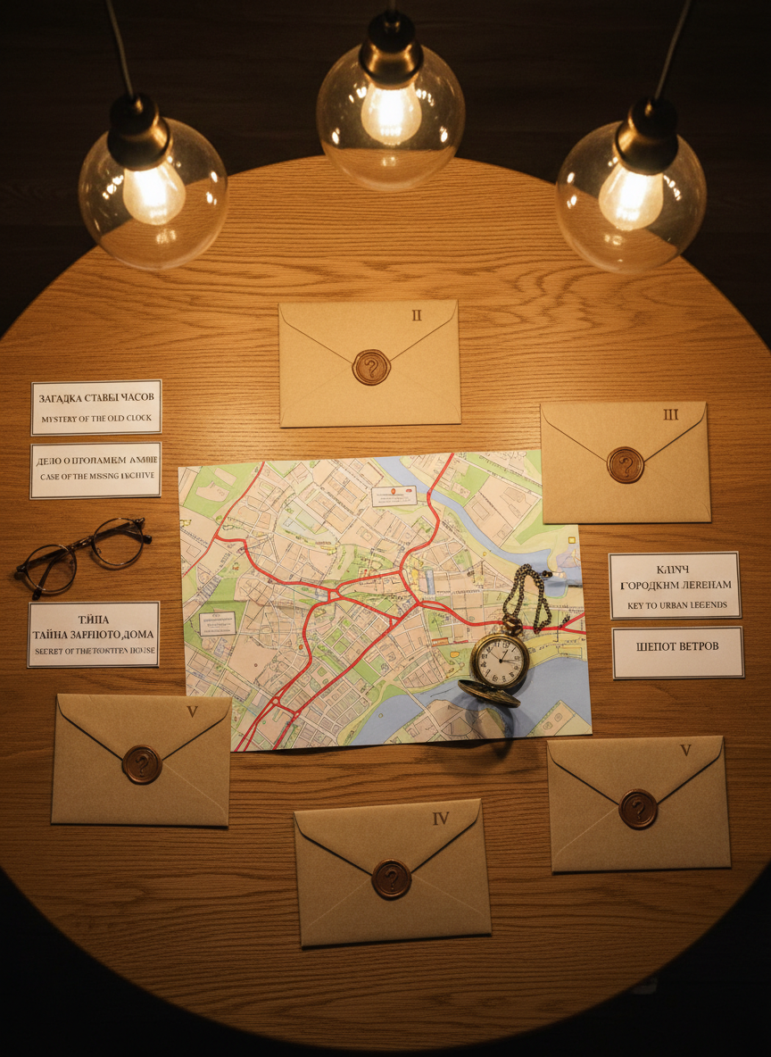 A top‑down photographic view of a round oak table prepared for a collaborative detective game. No people are visible, only evidence props: a folded city map of Petrozavodsk with streets marked in red, numbered clue envelopes sealed with wax, a pair of round spectacles, and a vintage brass pocket watch stopped at an ominous time. Small placards with quirky case titles in Russian and English lie beside each envelope. Overhead pendant lighting bathes the scene in warm, even illumination, with soft shadows ringing each object. The mood is light, playful, and organized, suggesting a pressure‑free puzzle night. Photographic realism with crisp focus across the table emphasizes textures of paper, metal, and wood.